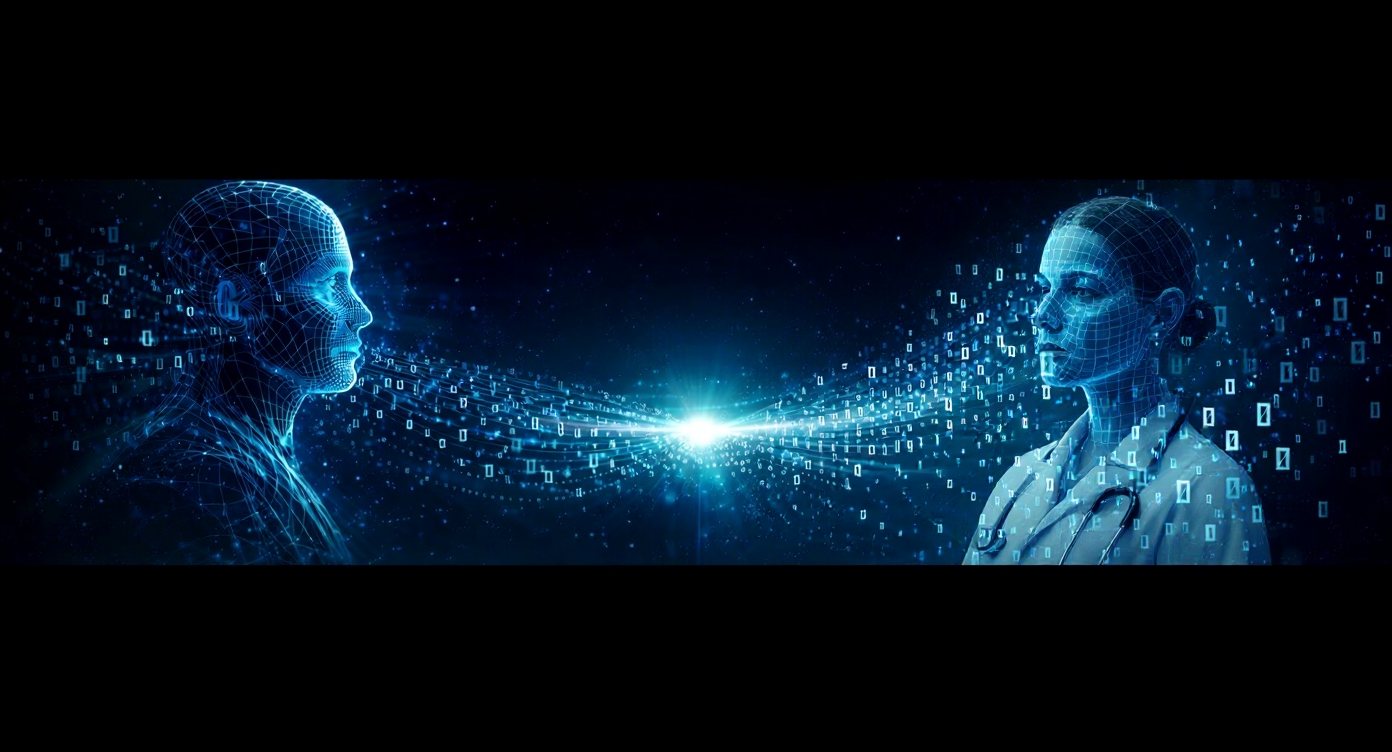 LiminalXLRN — AI figure and medical professional facing each other with data stream between them